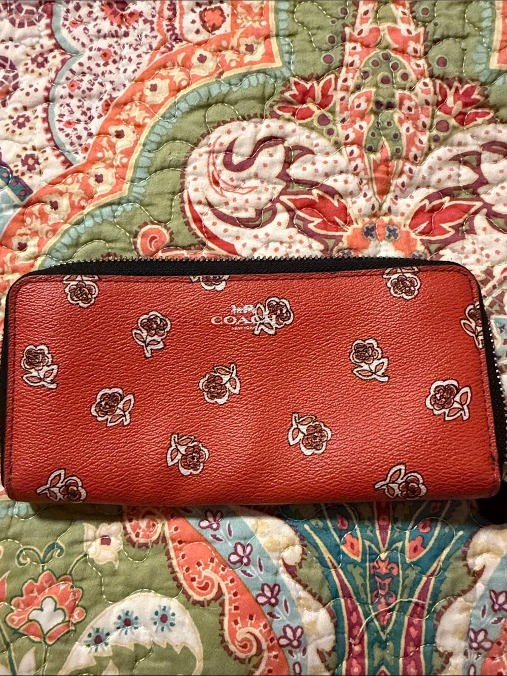 Coach Coral Red Floral Zip-Around Wallet